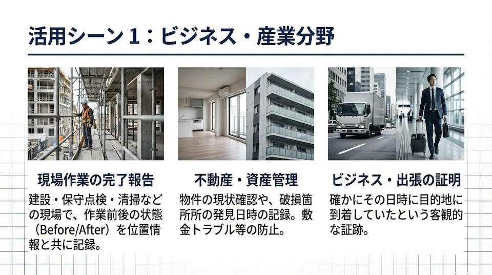 ビジネス・産業分野での活用シーン：現場作業報告、不動産管理、出張証明など