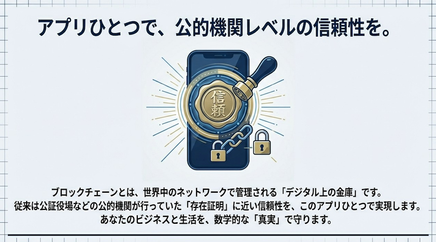 公的機関レベルの信頼性をアプリひとつで実現するイメージ